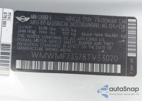 2008 Mini Cooper S z USA, uszkodzony, nr VIN WMWMF73578TV33020